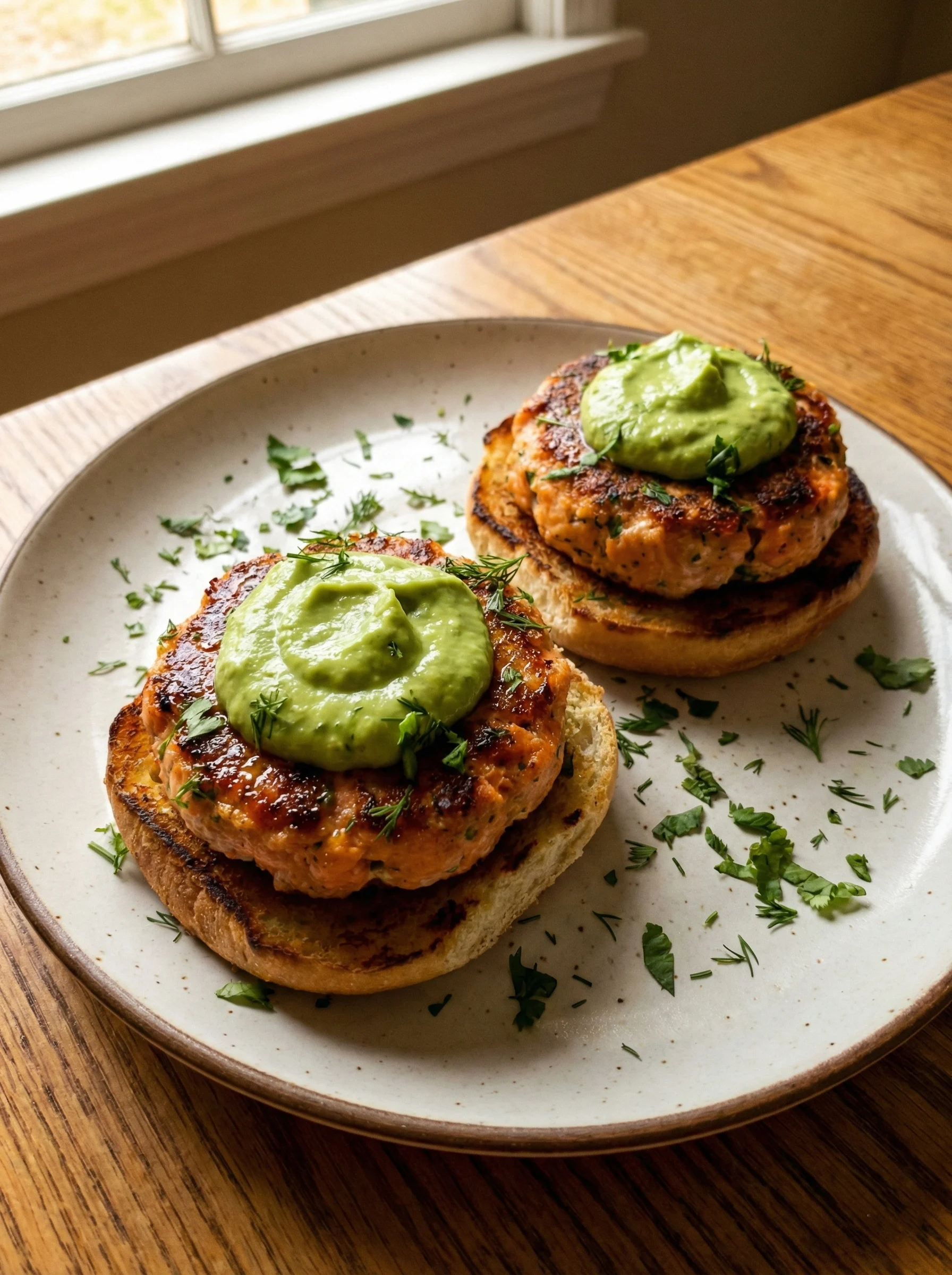 Salmon Burgers with Avocado Crema