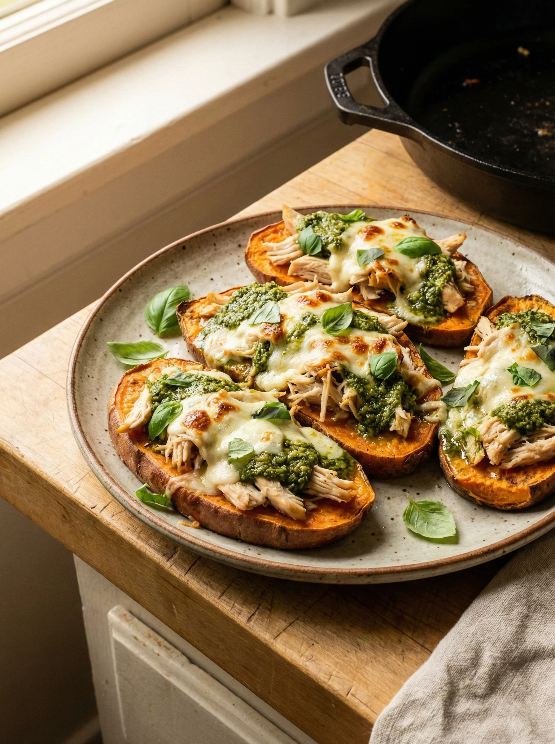 Sweet Potato "Toast" with Chicken and Pesto