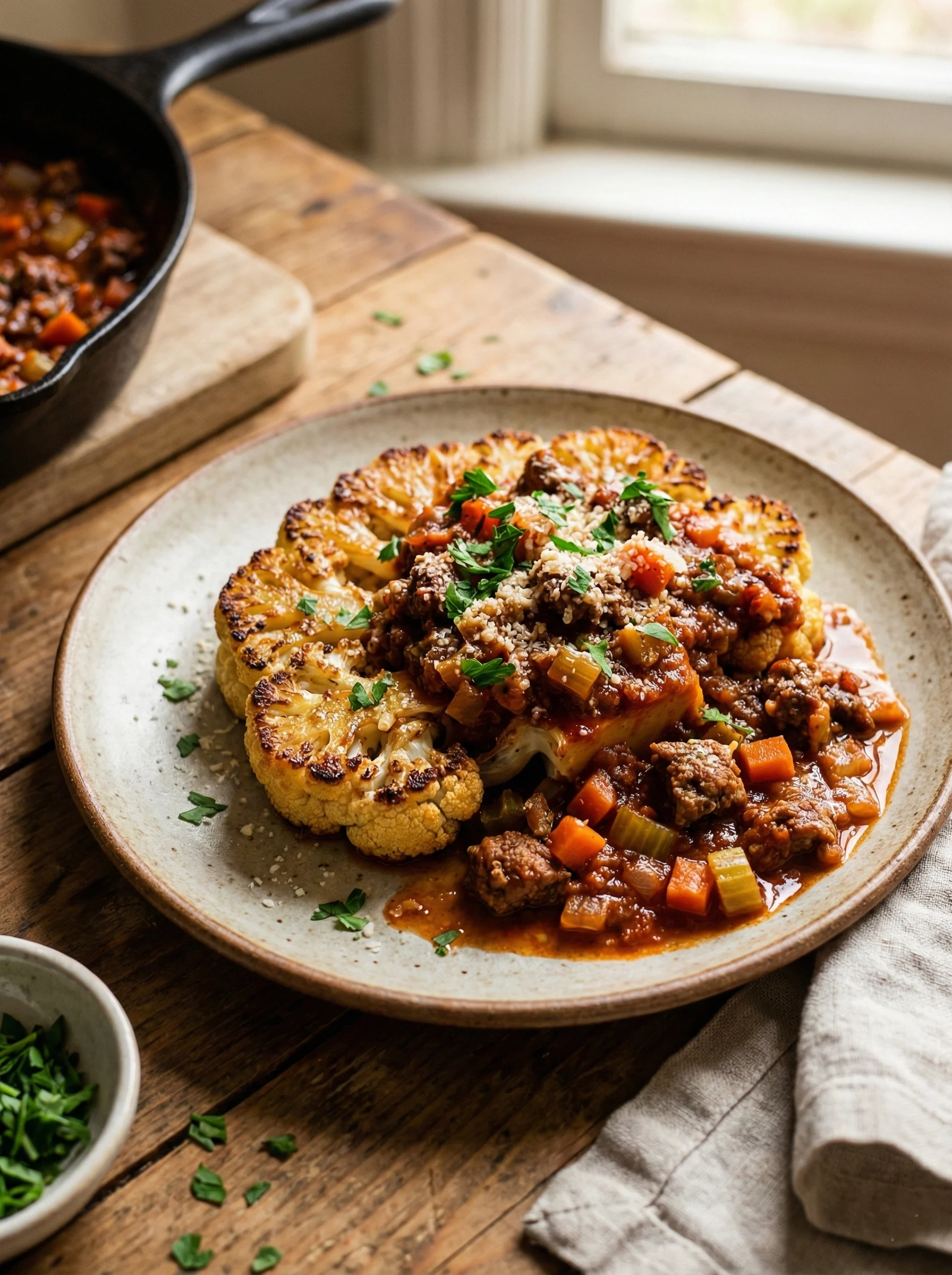 Cauliflower "Steak" with Beef Bolognese
