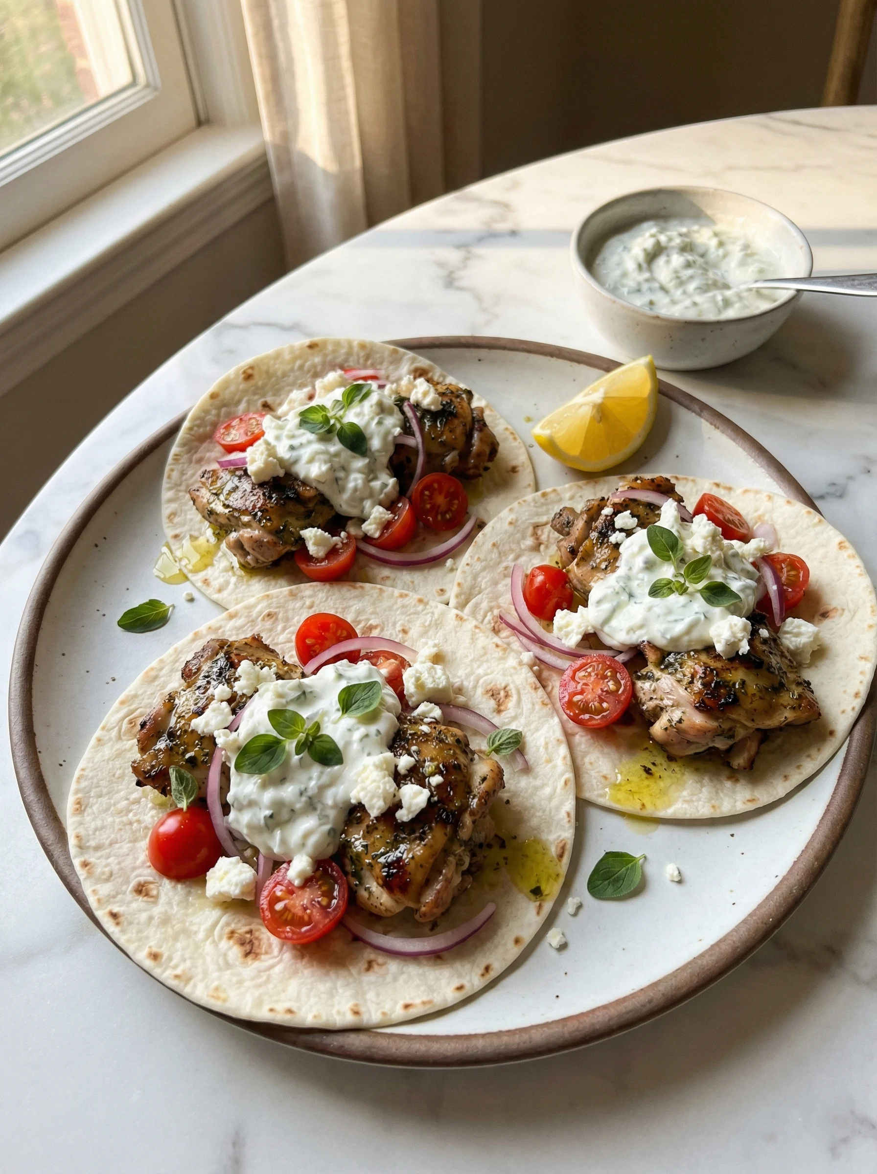 Mediterranean Chicken Tacos with Feta and Tzatziki