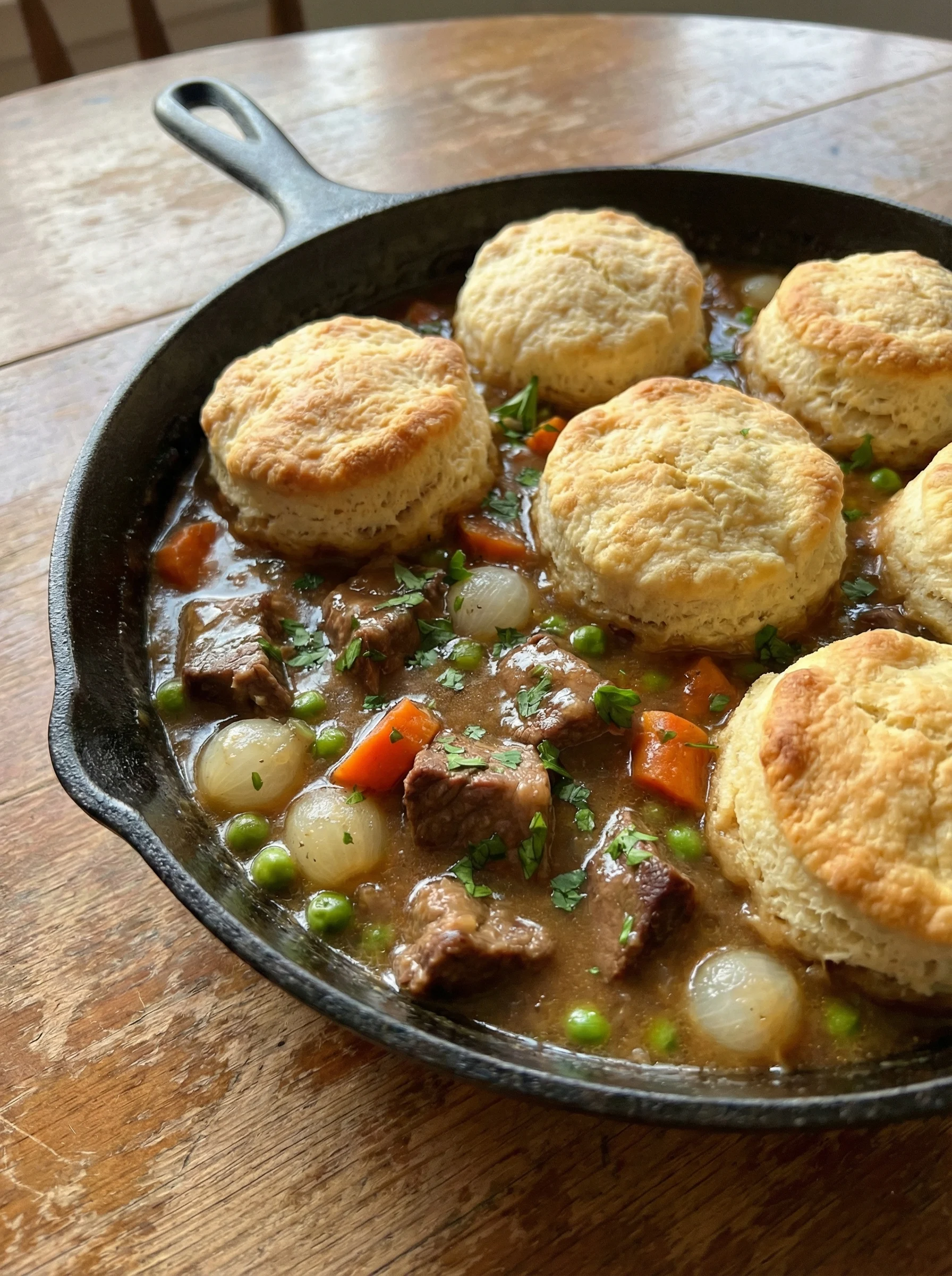 Skillet Beef Pot Pie with Biscuits
