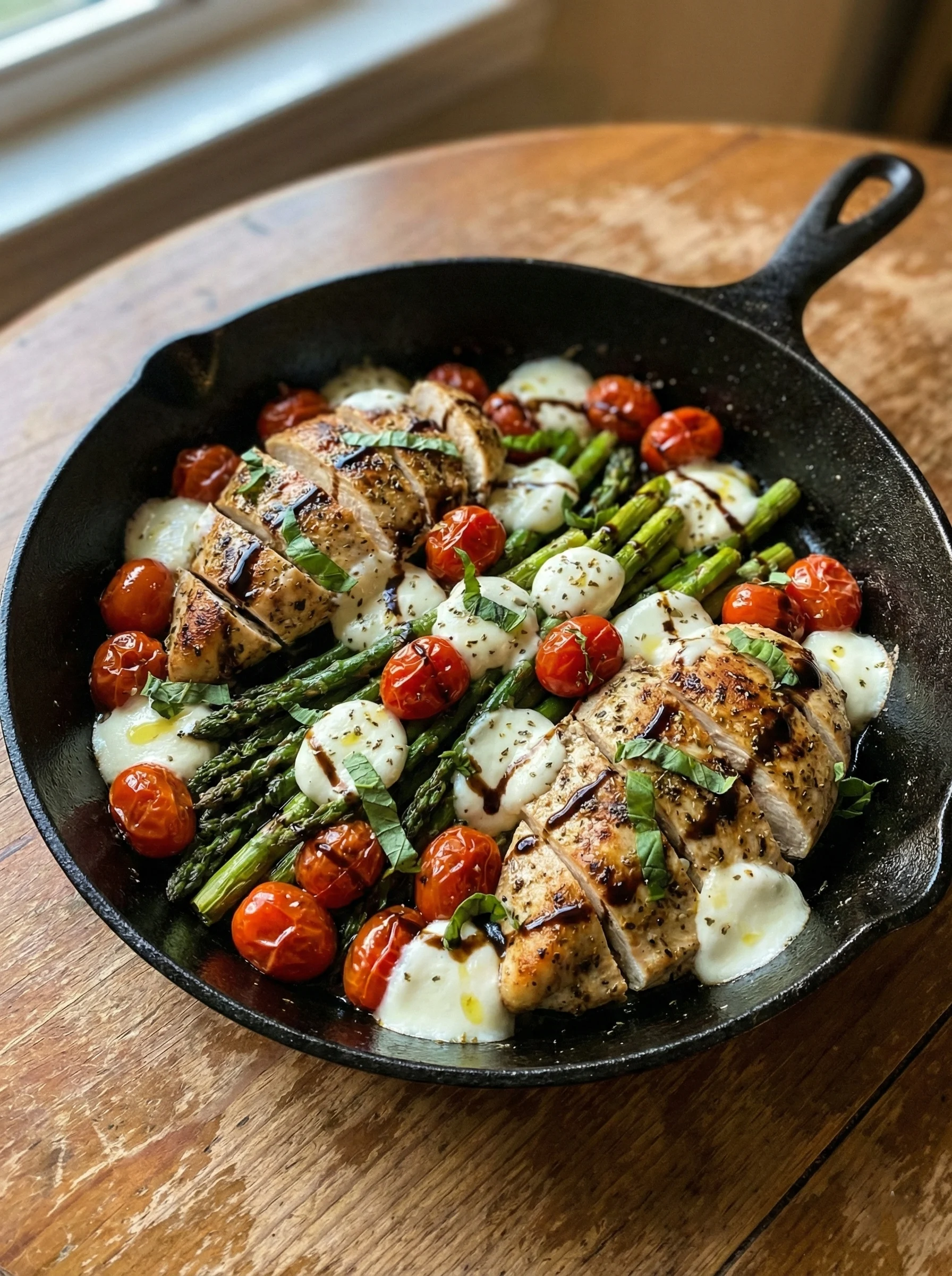 Asparagus and Tomato Caprese Skillet with Chicken