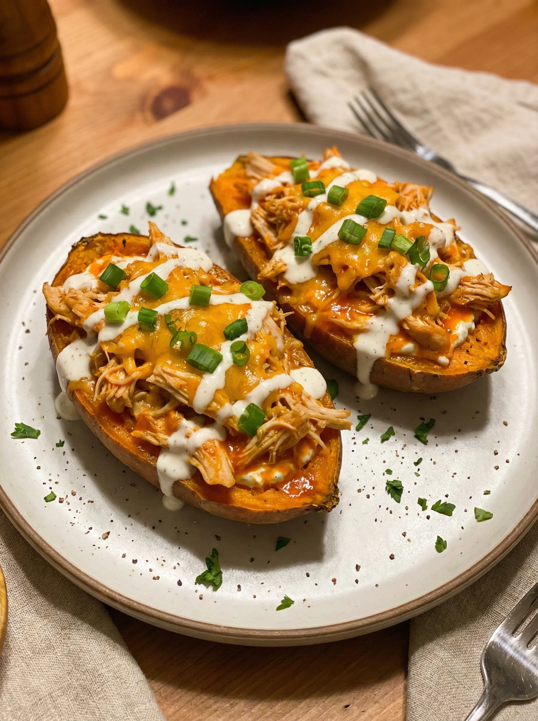 Buffalo Chicken Stuffed Sweet Potatoes