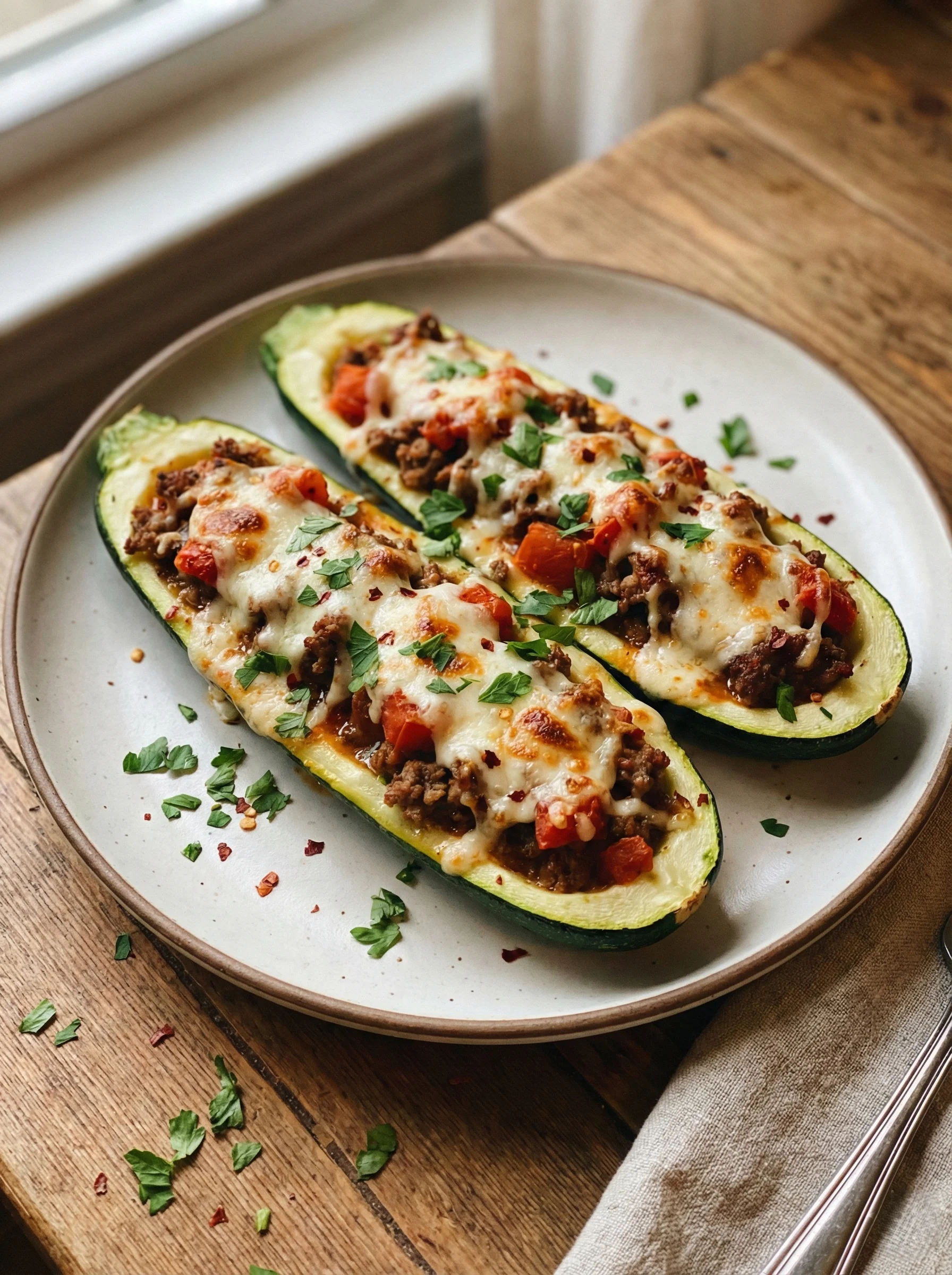 Zucchini Boats Stuffed with Italian Ground Beef