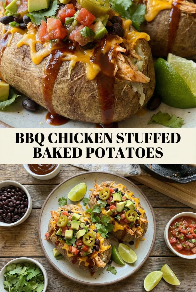 BBQ Chicken Stuffed Baked Potatoes with "Taco" Toppings