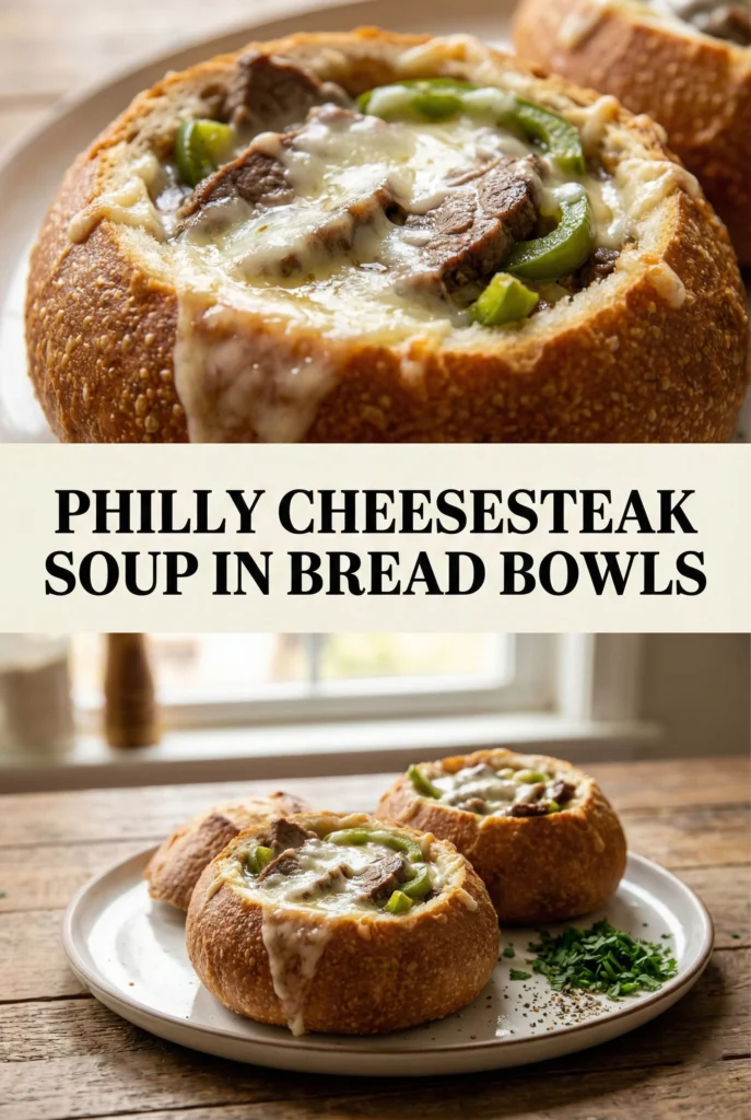 Philly Cheesesteak Soup in Bread Bowls