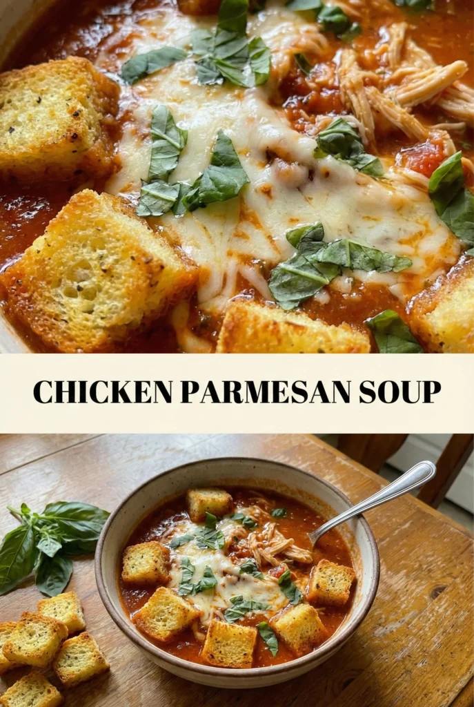 Chicken Parmesan Soup with Garlic Bread Croutons
