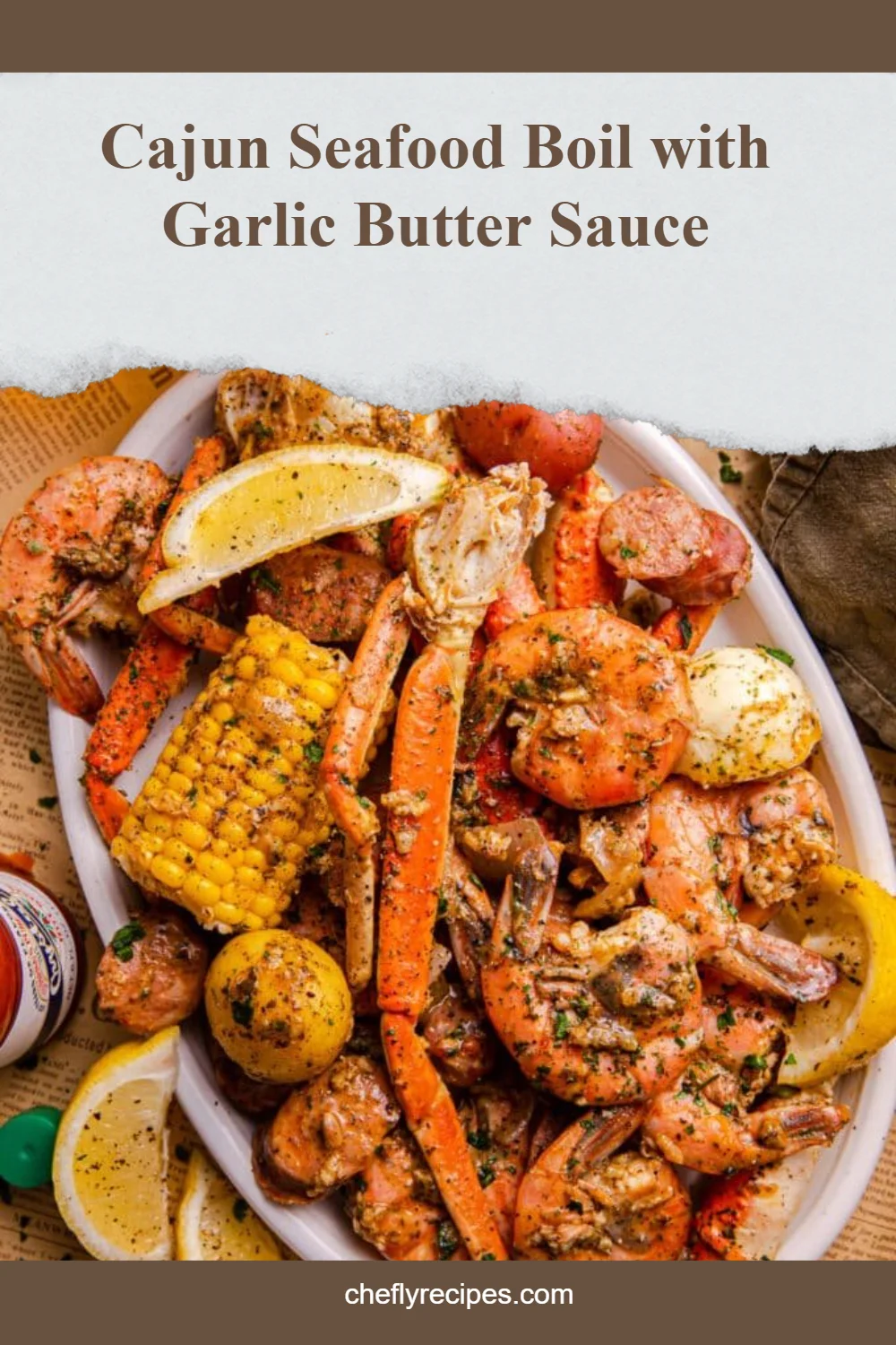 Delicious Cajun Seafood Boil served with garlic butter sauce and fresh ingredients