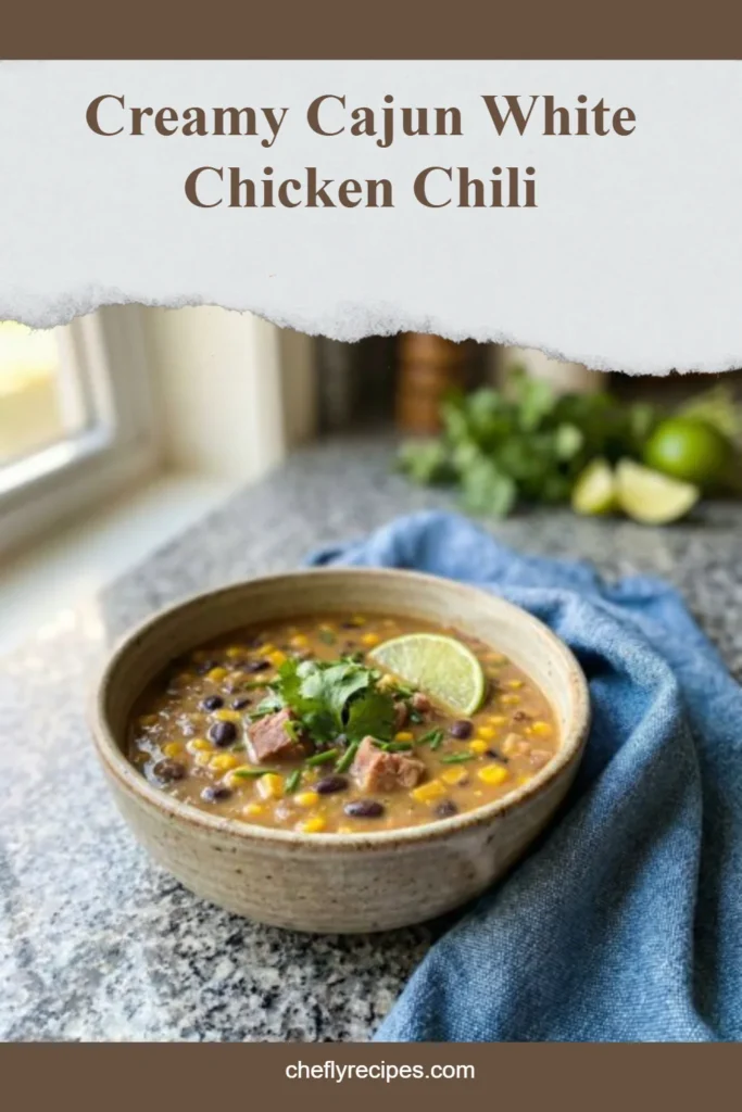 Creamy Cajun white chicken chili served in a bowl with fresh toppings.