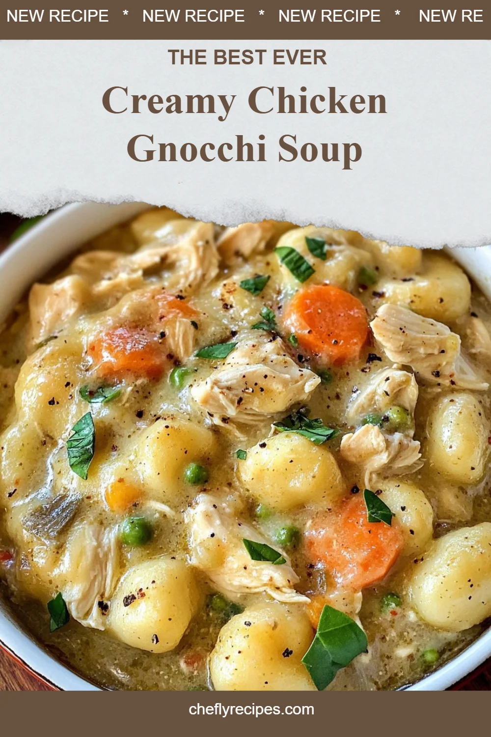 Bowl of creamy Chicken Gnocchi Soup garnished with herbs