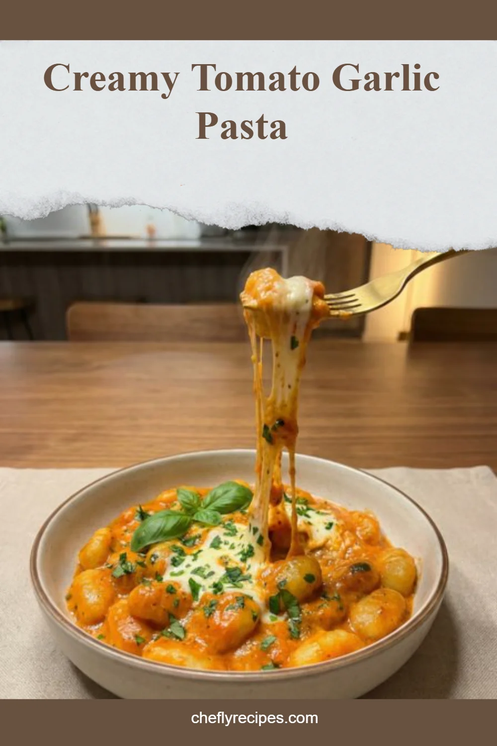 Creamy tomato garlic pasta topped with fresh herbs and served in a bowl