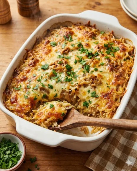 French Onion Chicken Orzo Casserole