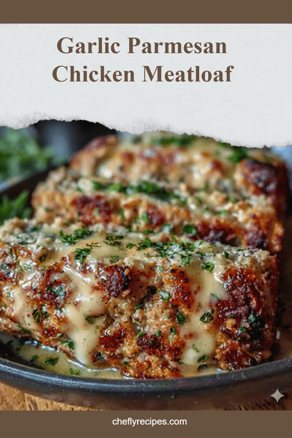 Delicious Garlic Parmesan Chicken Meatloaf garnished and ready to serve