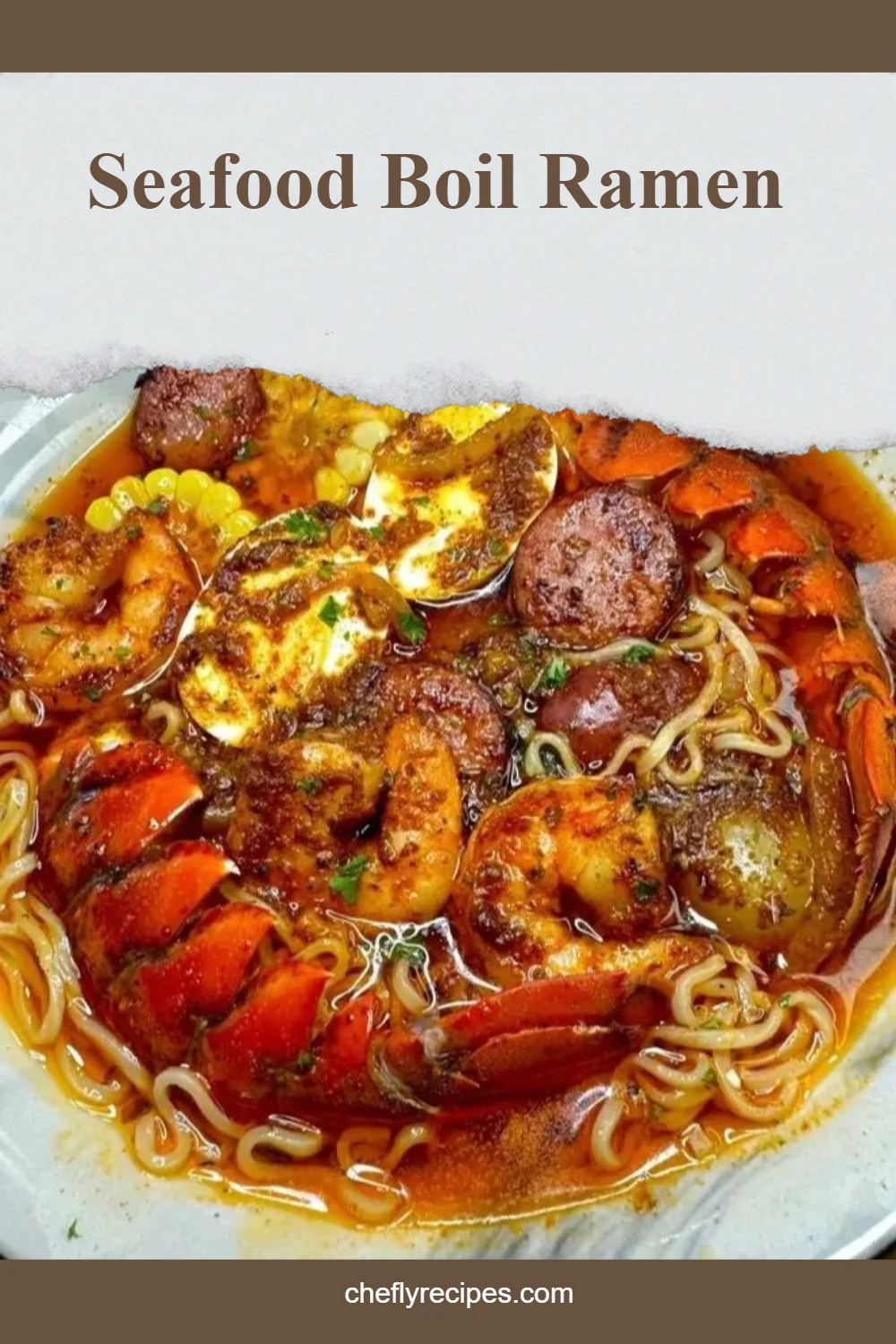 Bowl of seafood boil ramen with shrimp, crab, and spicy broth