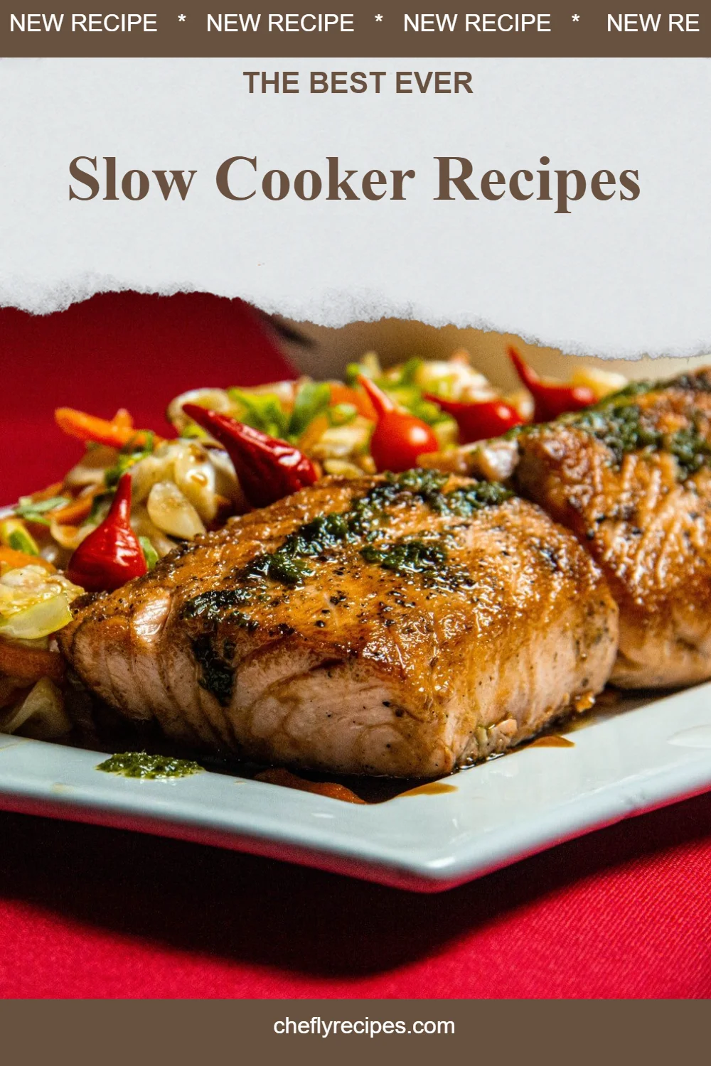 A variety of slow cooker recipes displayed in a rustic kitchen setting.