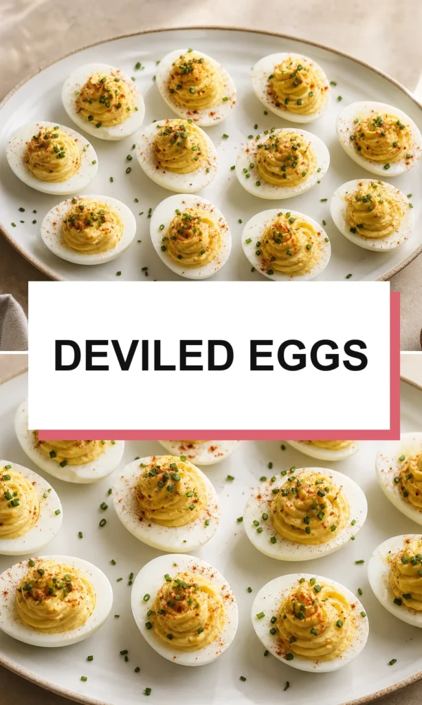 Pinterest-style deviled eggs recipe graphic with the short title Deviled Eggs