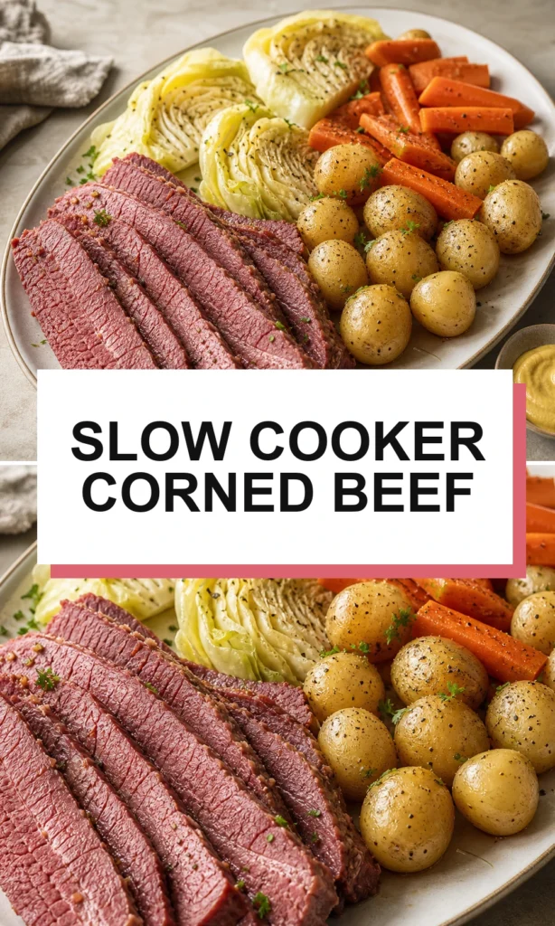 Pinterest-style corned beef recipe graphic with short title