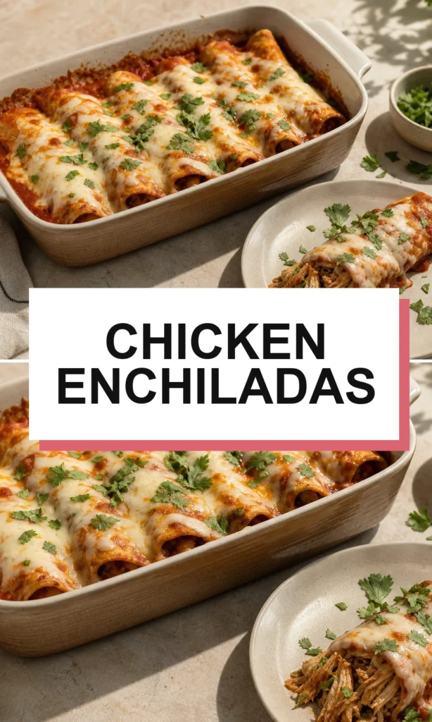 Pinterest-style chicken enchiladas recipe graphic with short title