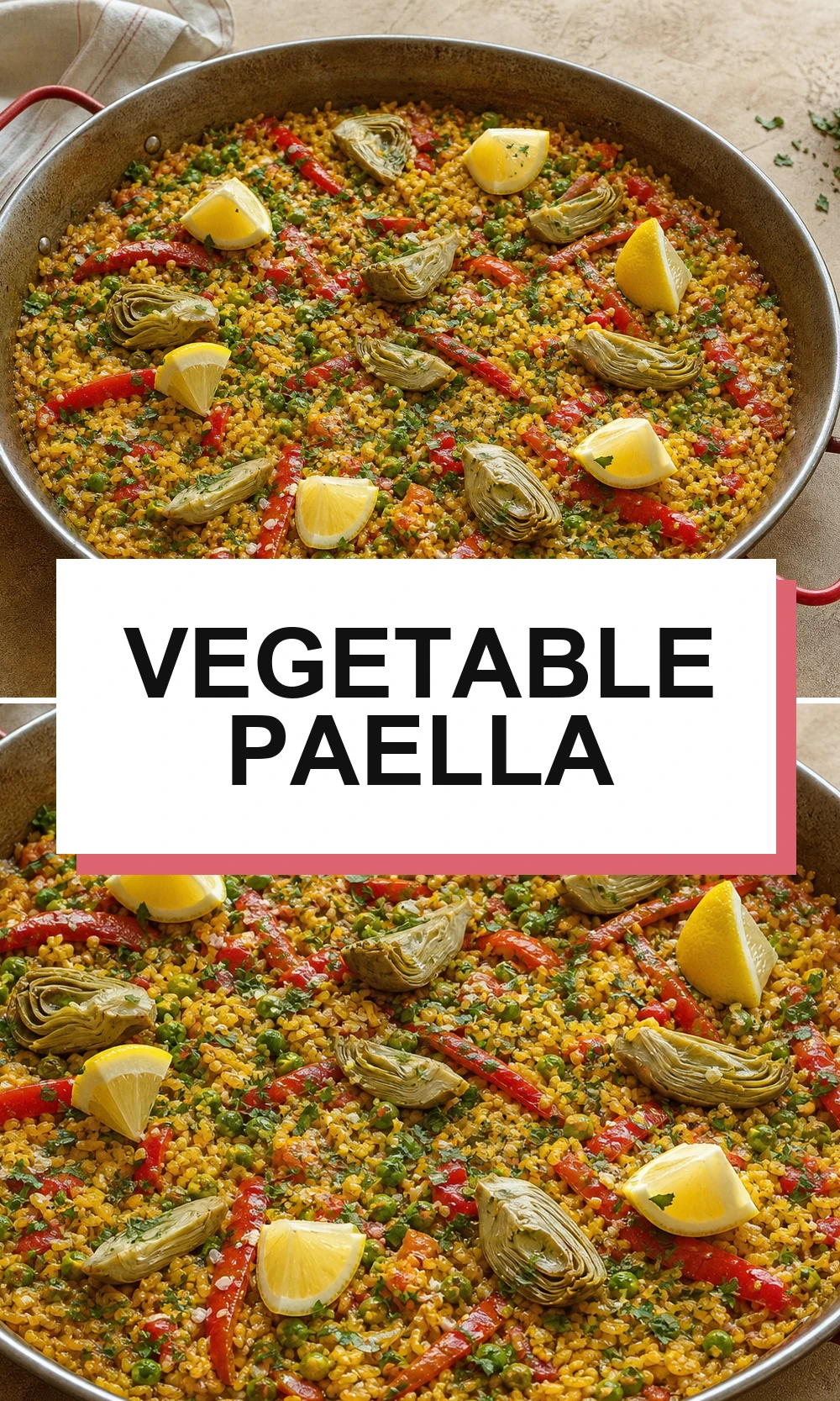 Pinterest-style vegetable paella recipe graphic with short title