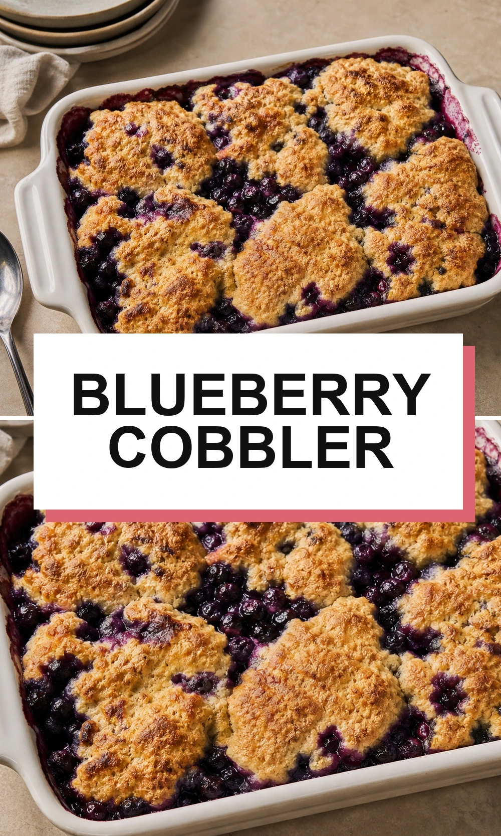 Pinterest-style blueberry cobbler recipe graphic with short title
