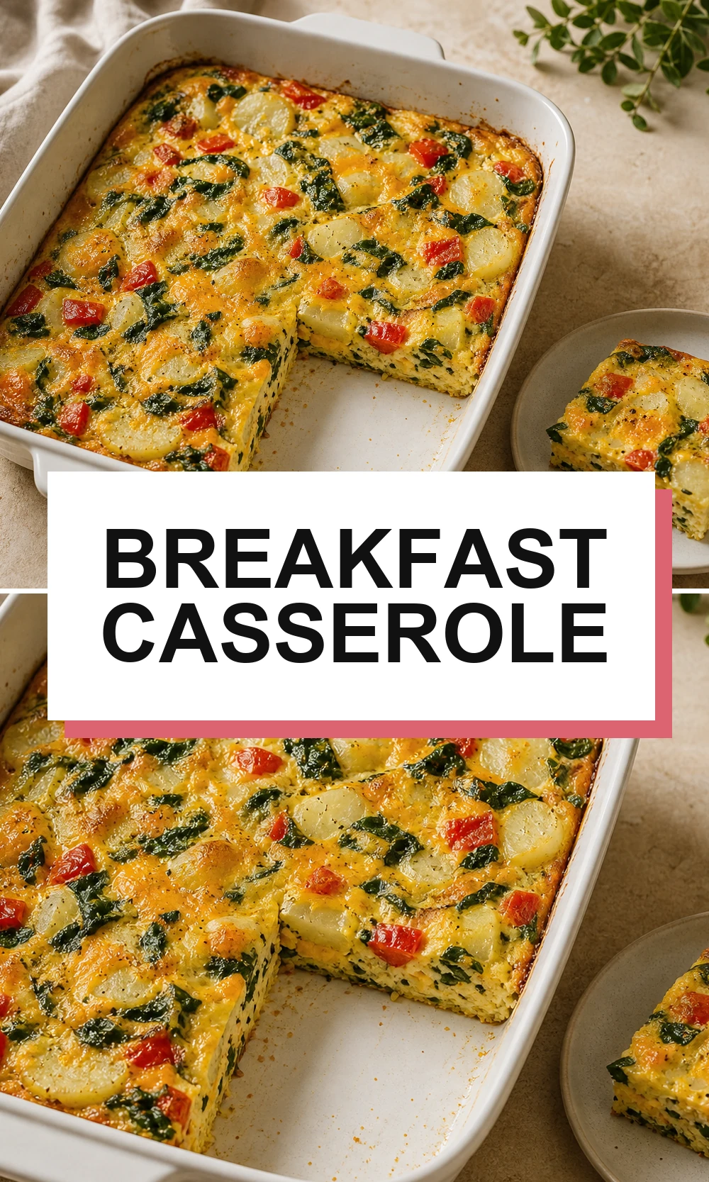 Pinterest-style breakfast casserole recipe graphic with short title