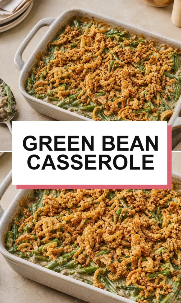 Pinterest-style green bean casserole recipe graphic with short title