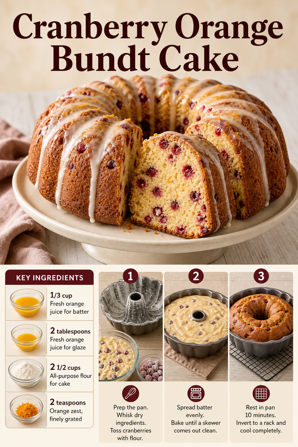 Portrait graphic with glazed cranberry orange cake and a close-up of its cut crumb