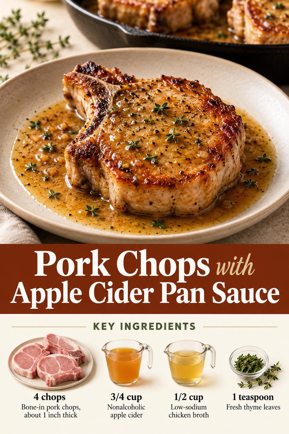 Portrait pork chops with apple cider pan sauce graphic