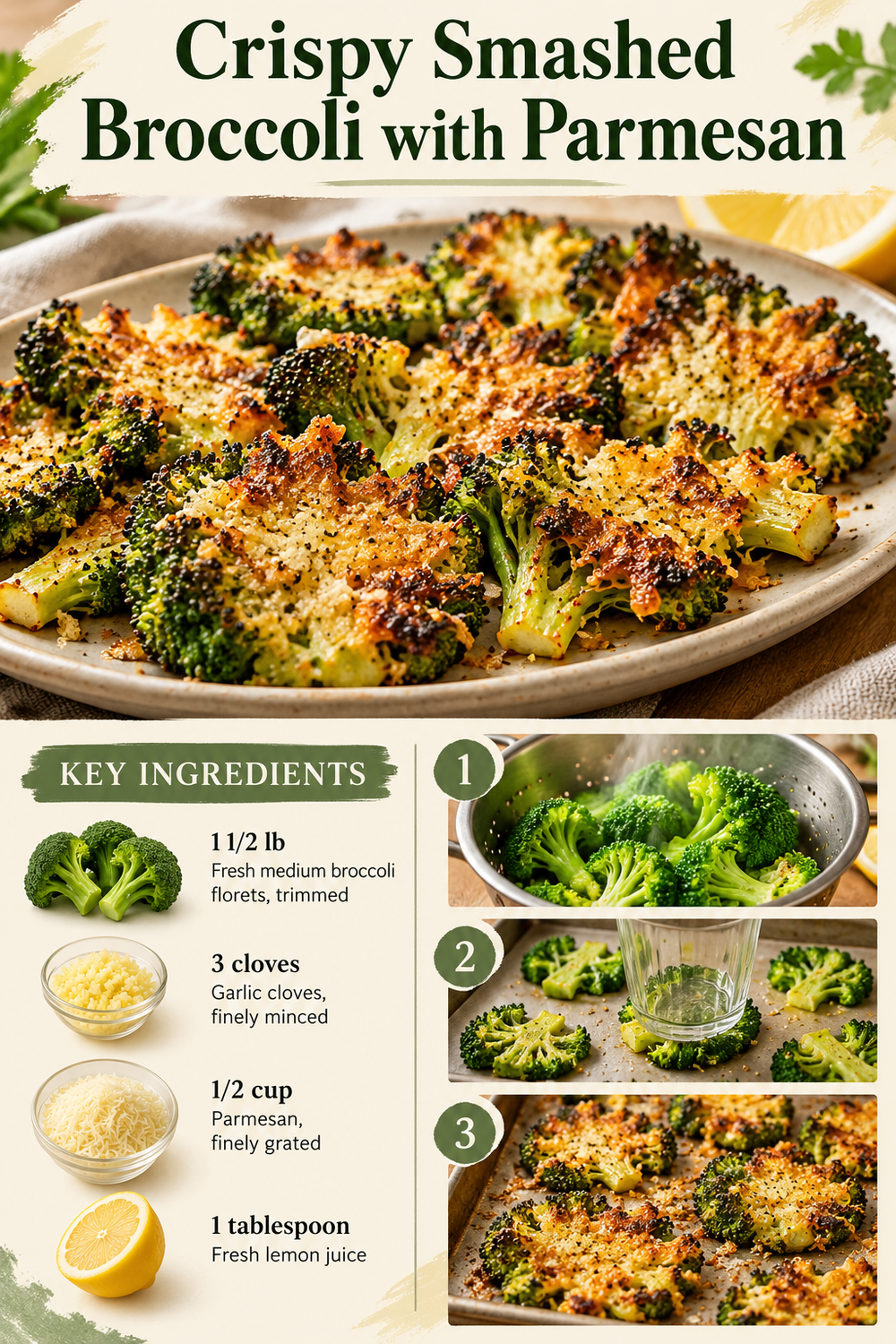 Portrait smashed broccoli with golden Parmesan edges and exact title