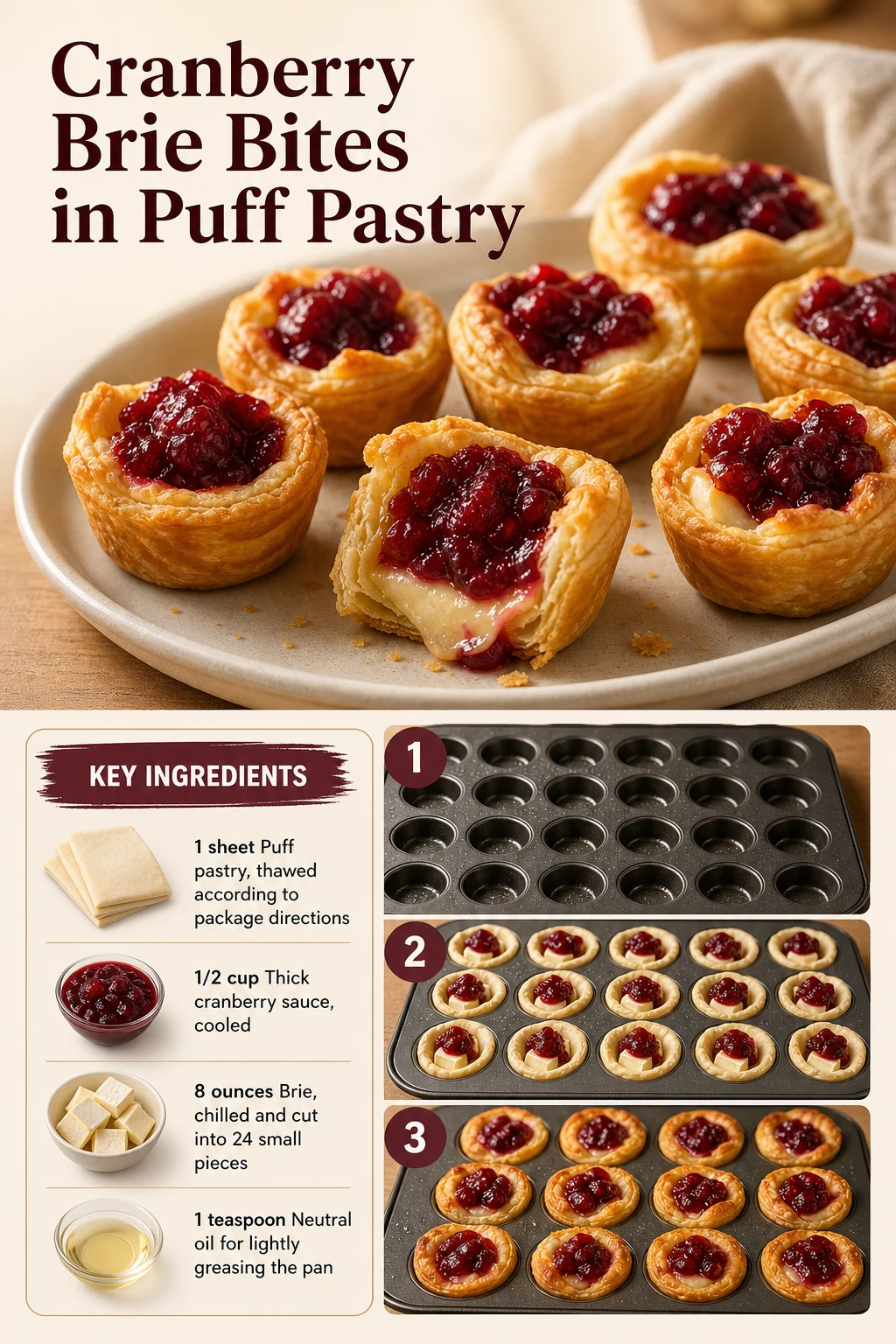 Portrait graphic with a close-up of a cranberry Brie pastry bite and a tray of golden bites