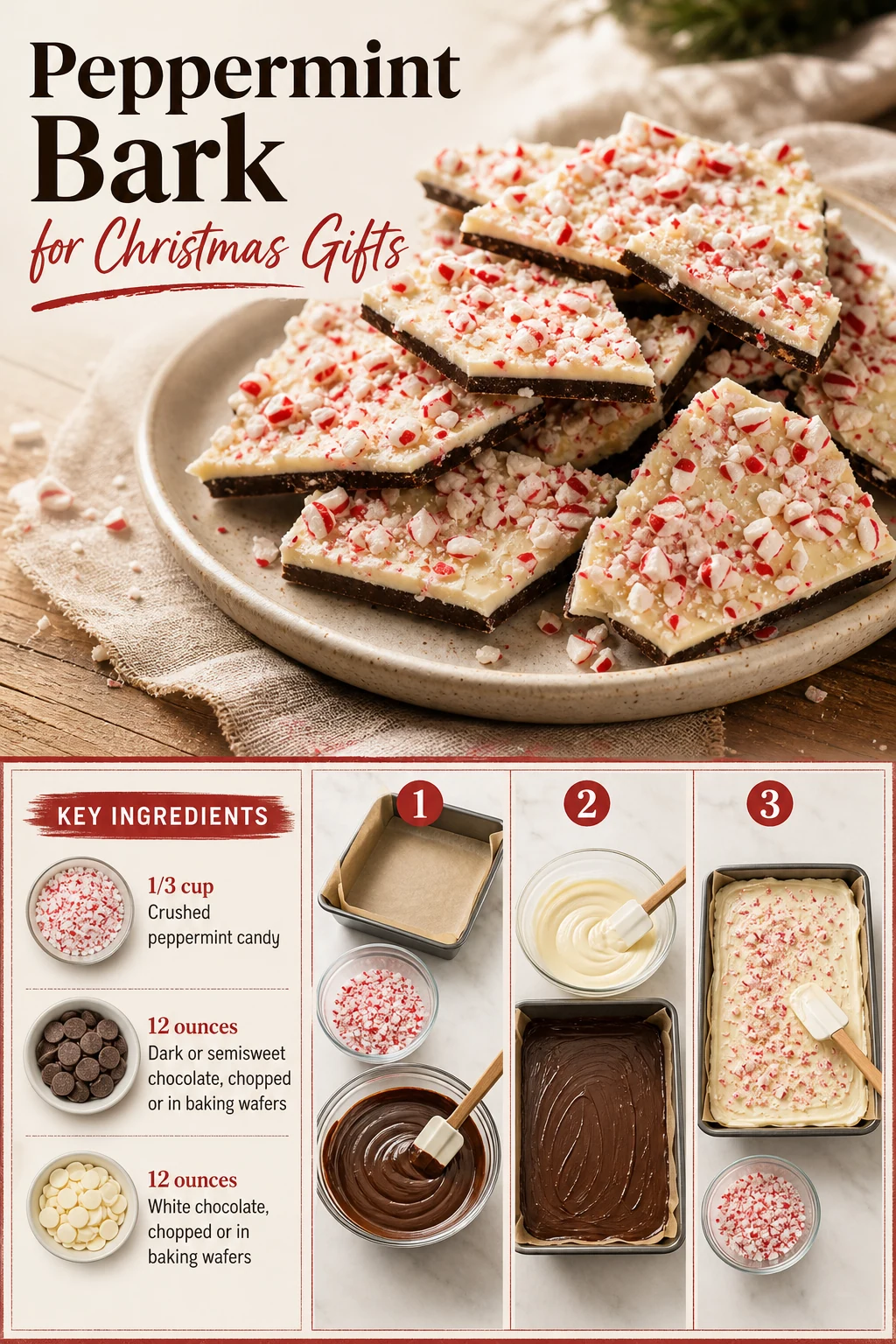 Portrait graphic showing peppermint bark close-up and plated pieces with the exact recipe title