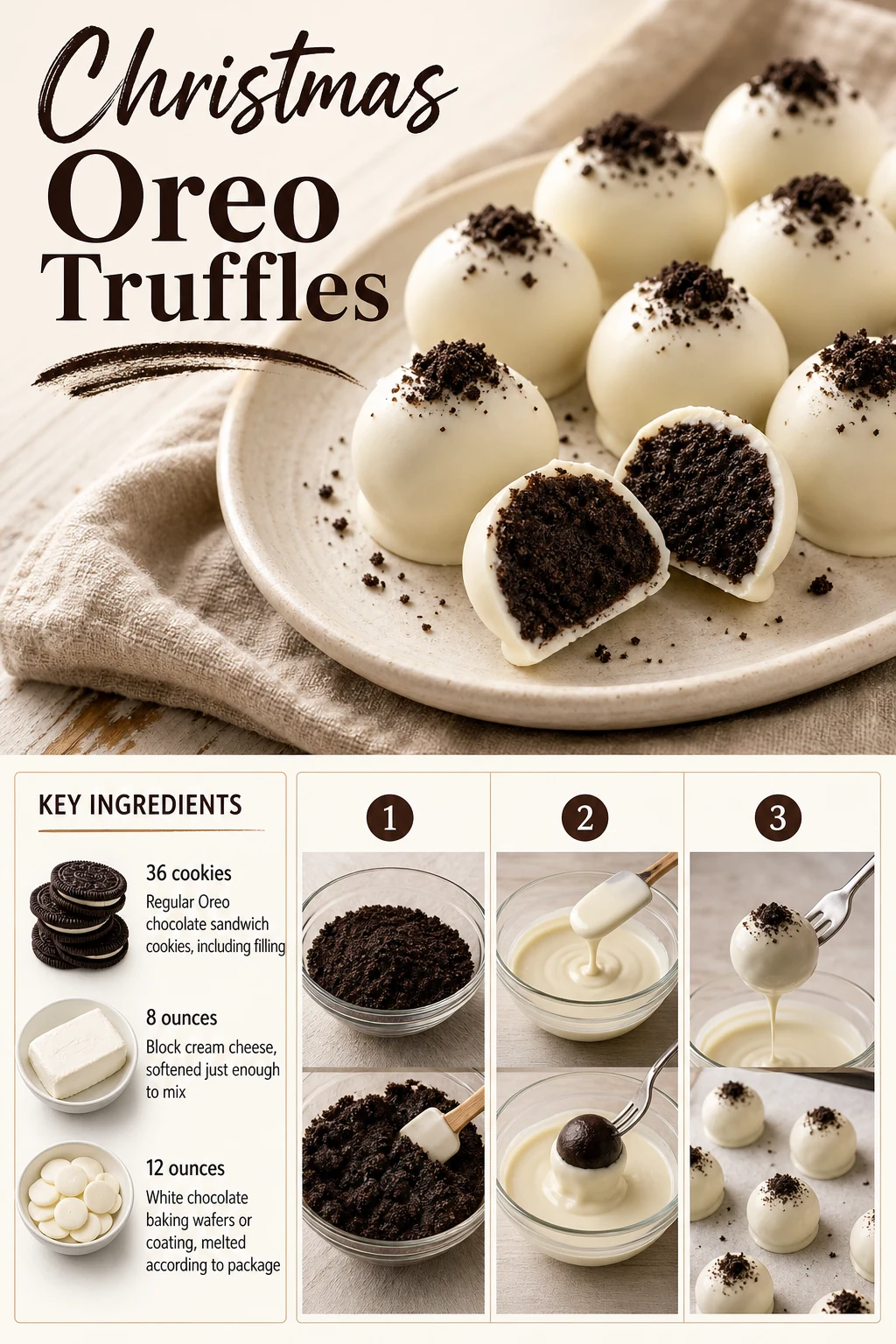 Portrait graphic of a cut Oreo truffle and a group of white-coated truffles