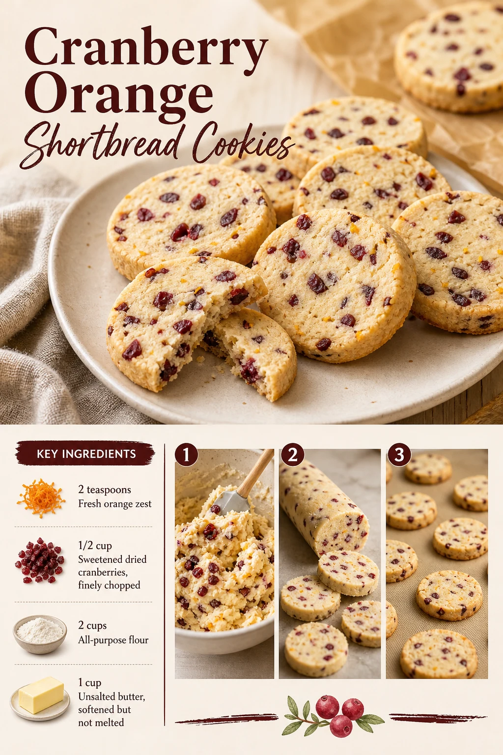 Portrait graphic of a shortbread cross-section and plated cranberry-orange cookies