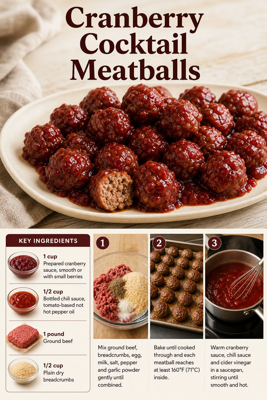 Portrait graphic showing cranberry-glazed meatballs and a cut fully cooked meatball