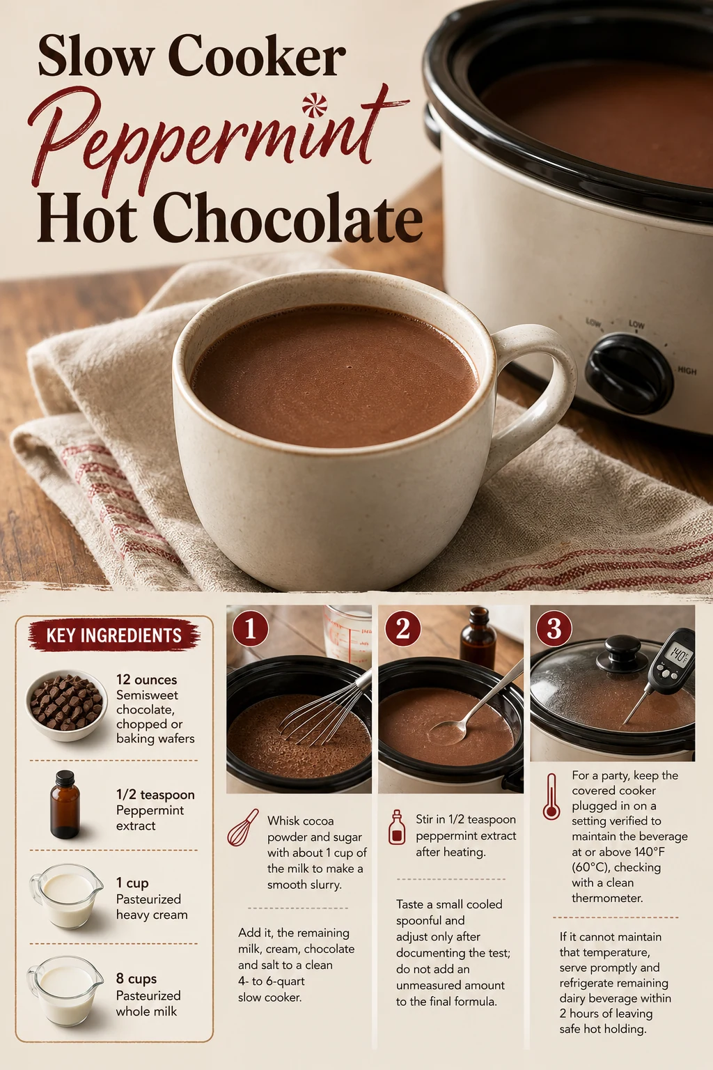 Portrait composition of a chocolate mug and matching slow-cooker party batch with a title band