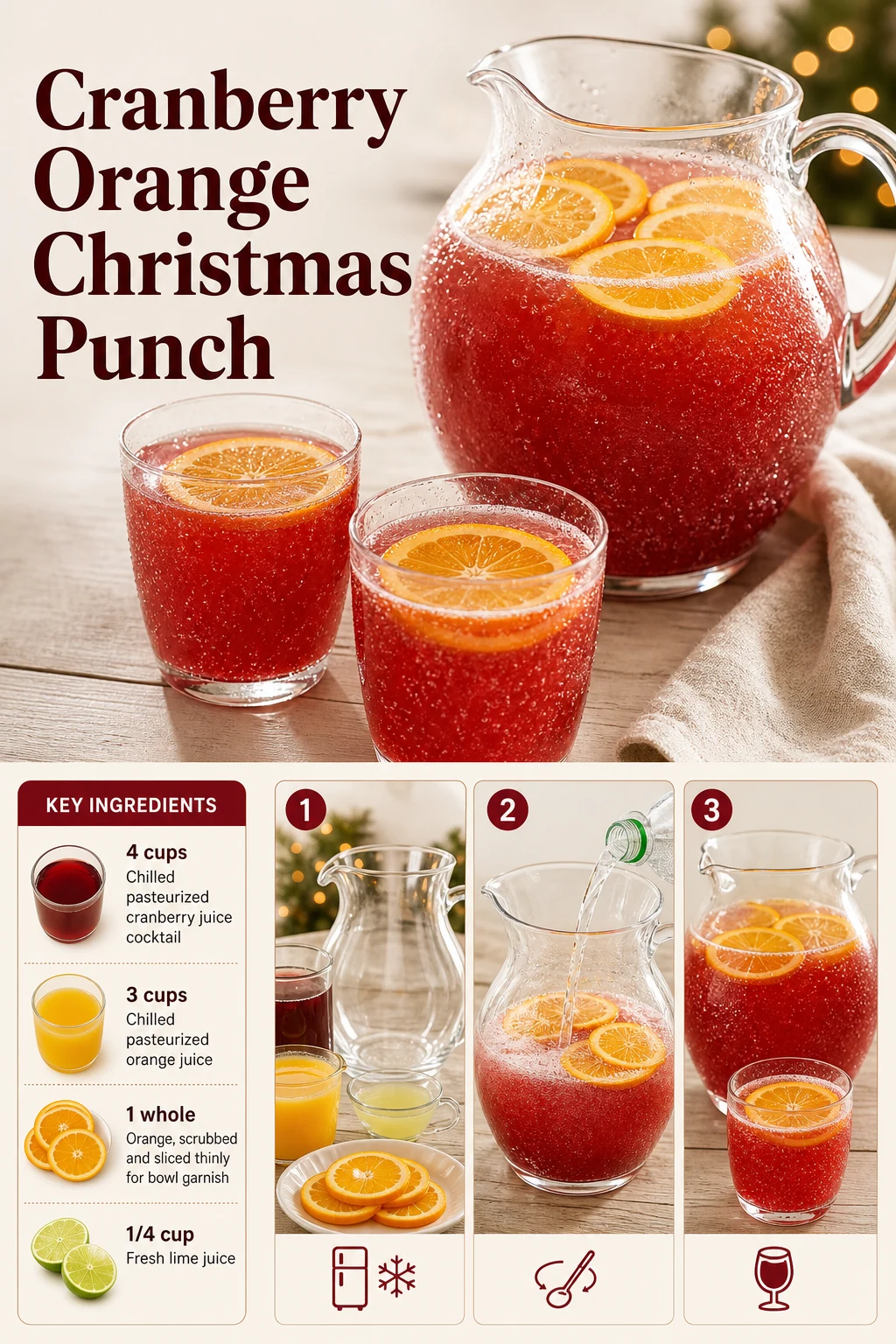 Portrait graphic of cranberry orange punch in glasses and a pitcher with the exact title