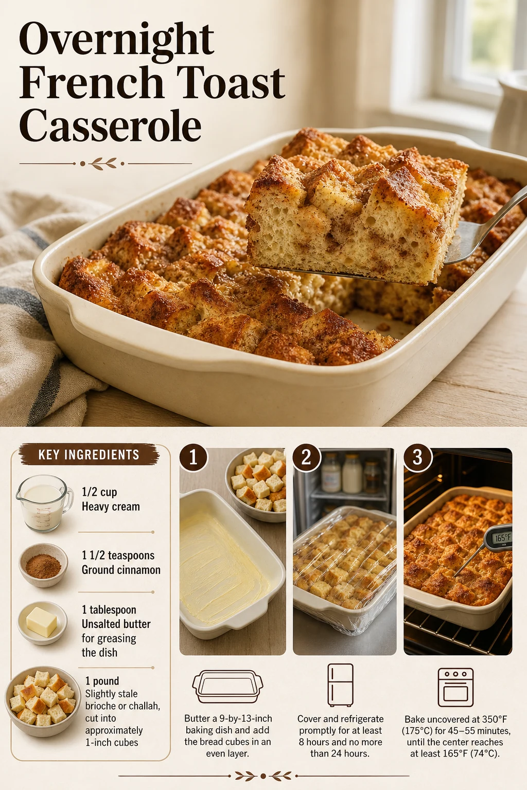 Portrait graphic with a close-up of golden custard-soaked bread and a full casserole