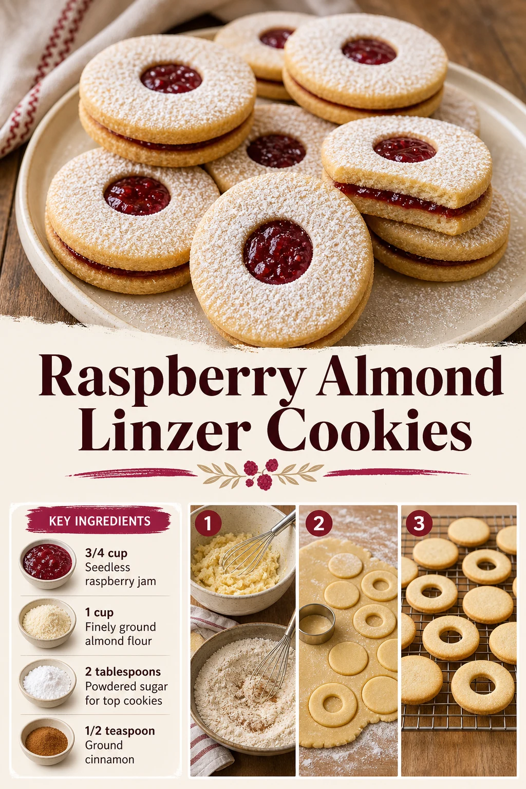 Portrait grouping of round Linzer sandwich cookies showing red raspberry centers