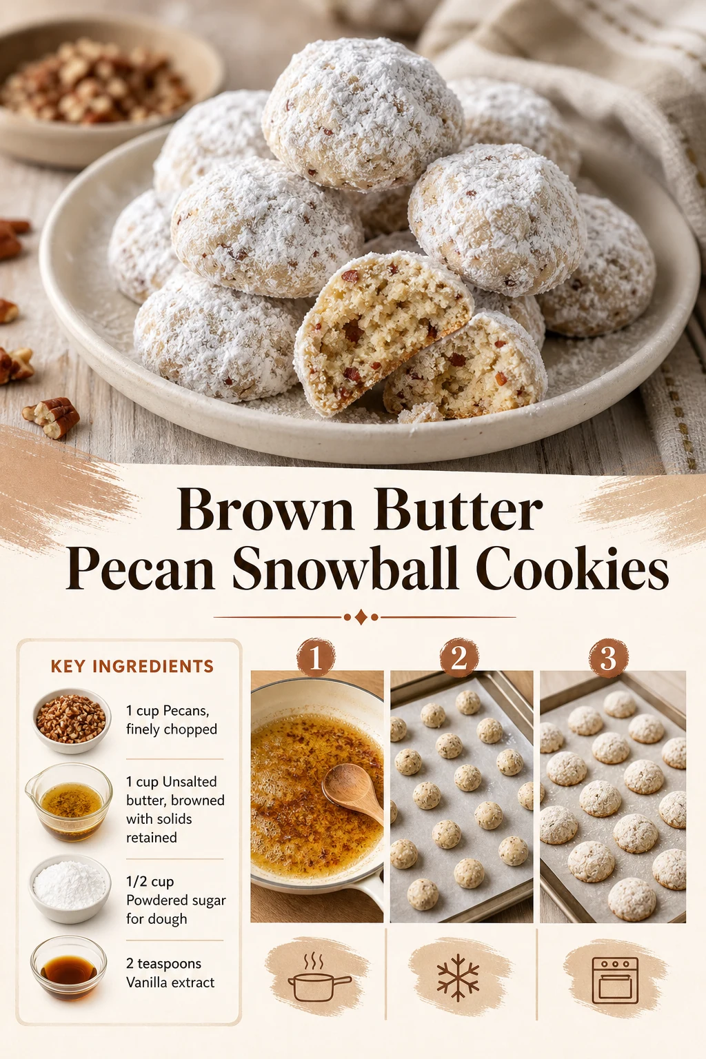 Portrait graphic of brown-butter pecan snowball cookies with exact recipe title