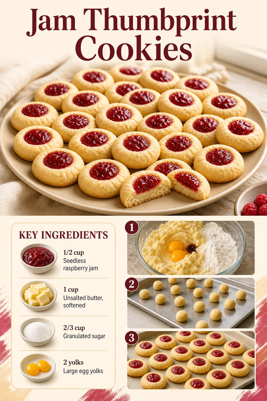 Portrait raspberry jam thumbprint cookie graphic with exact recipe title