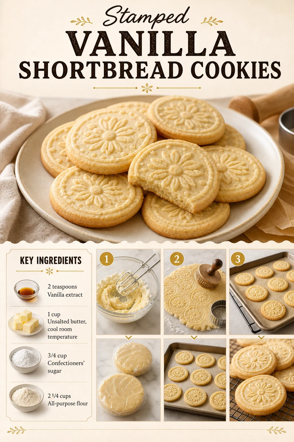 Portrait patterned vanilla shortbread cookies with title