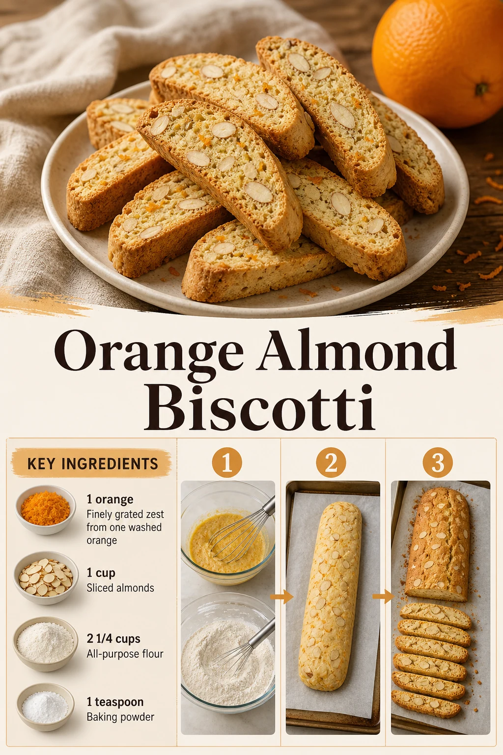 Portrait stack of orange almond biscotti with exact recipe title
