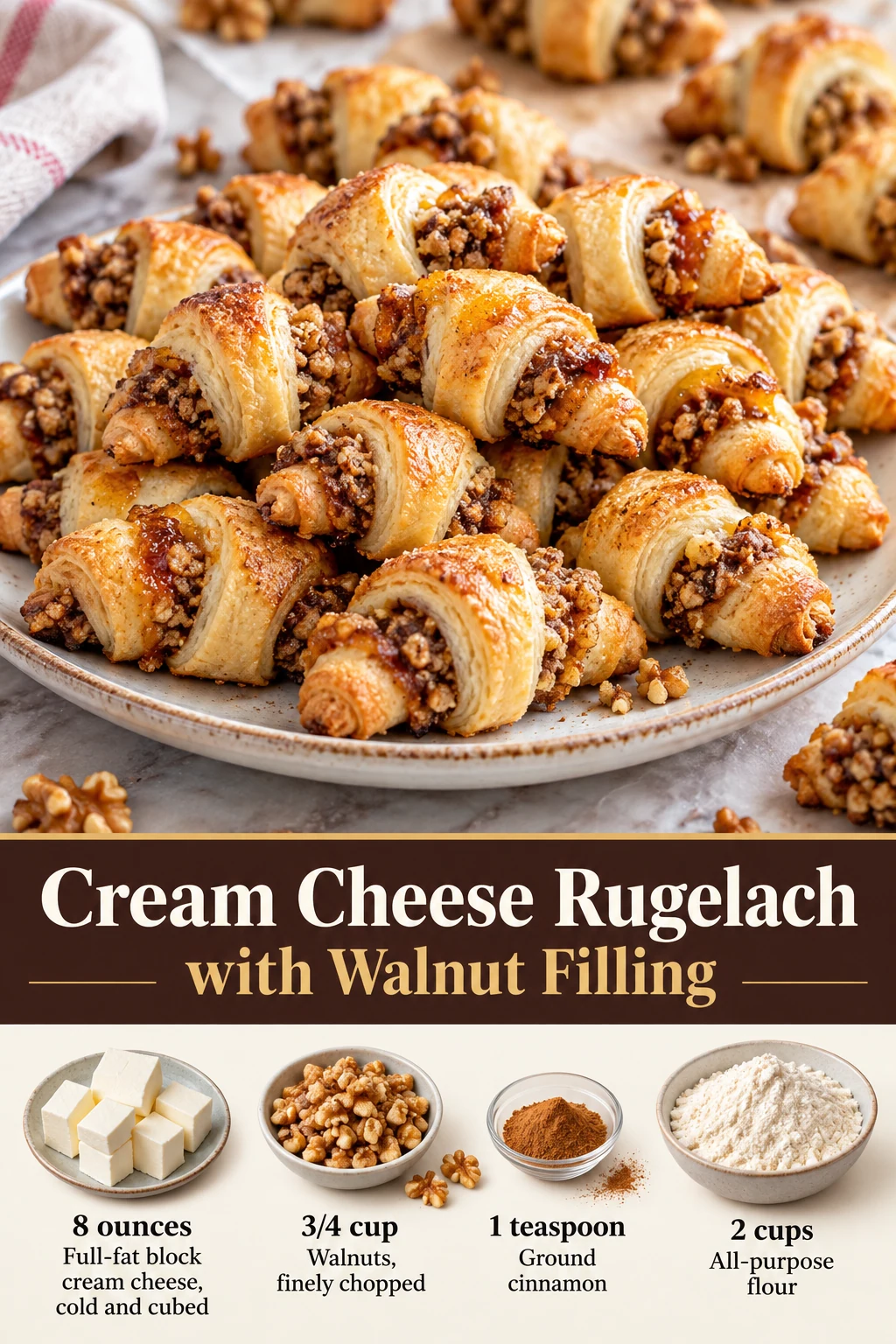 Cream cheese rugelach Pin with golden walnut-filled crescents, title and selected ingredient quantities.