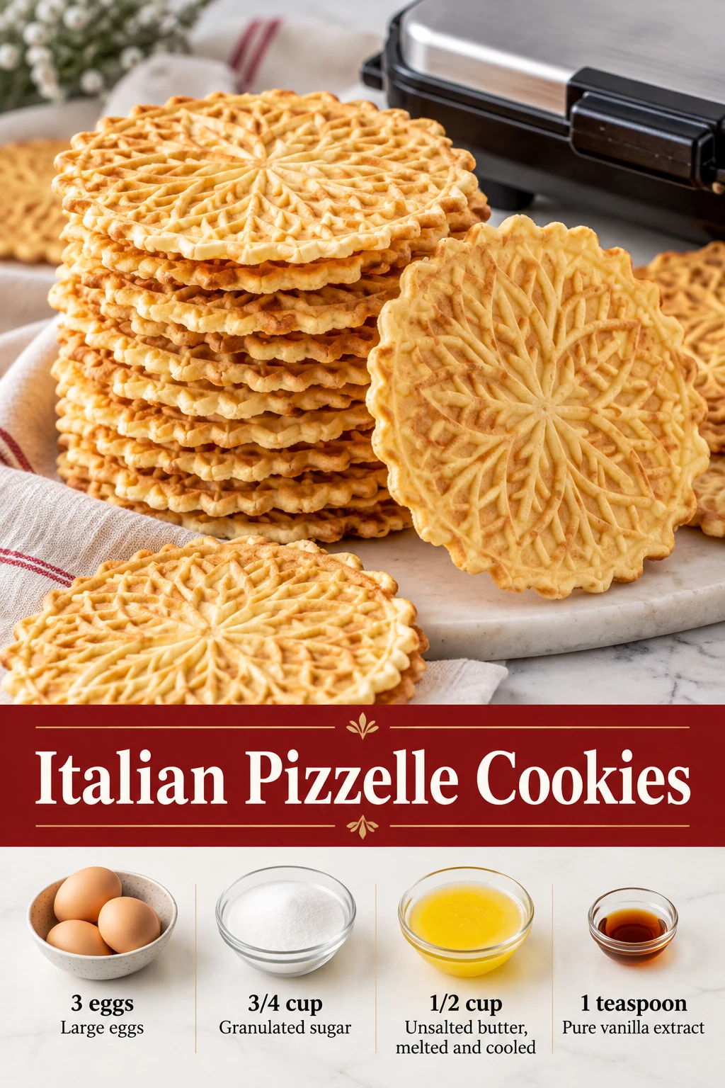 Italian pizzelle cookies Pin with patterned golden cookies, title and selected baking ingredients.