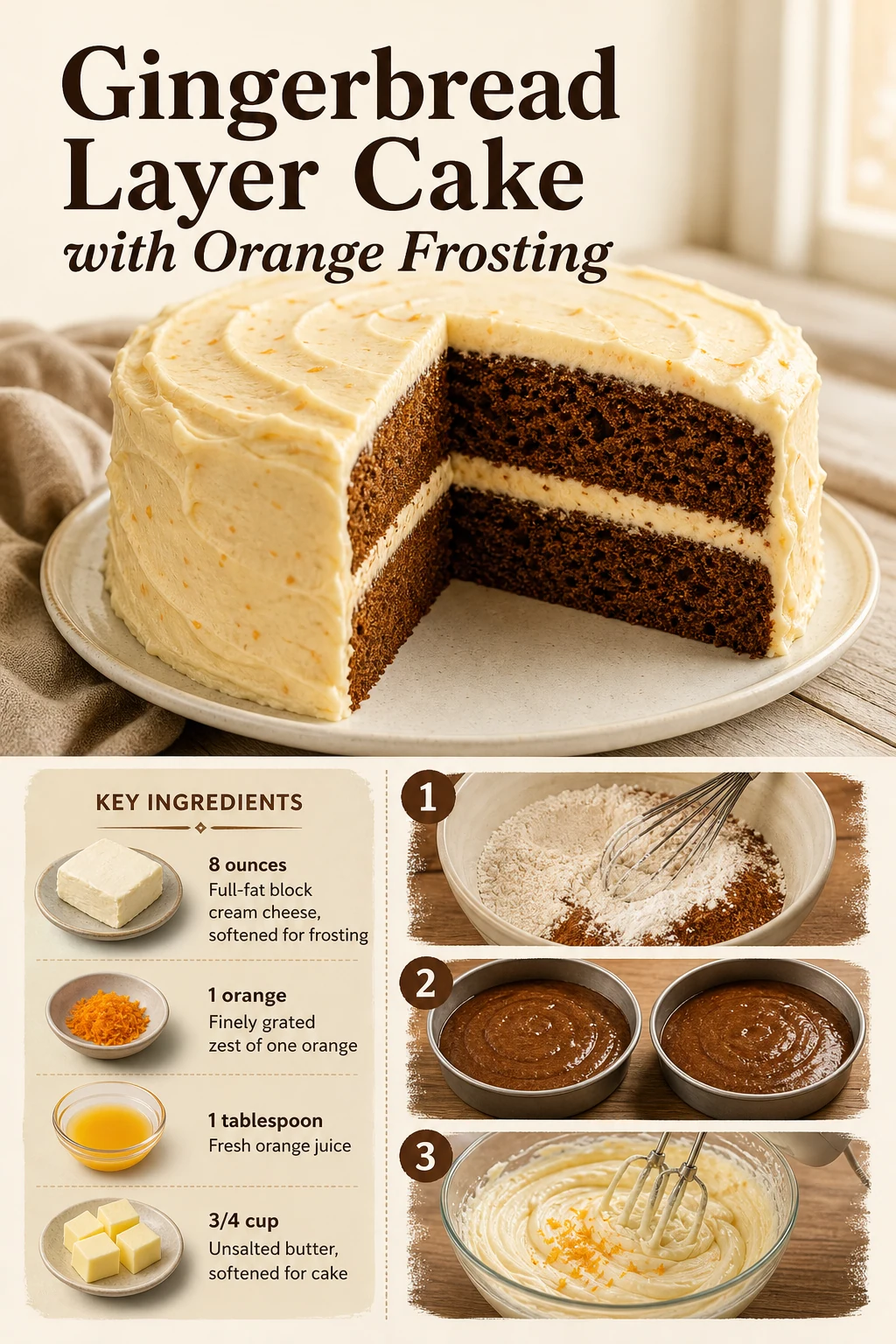 Portrait view of an orange-frosted gingerbread layer cake and a cut slice showing two layers