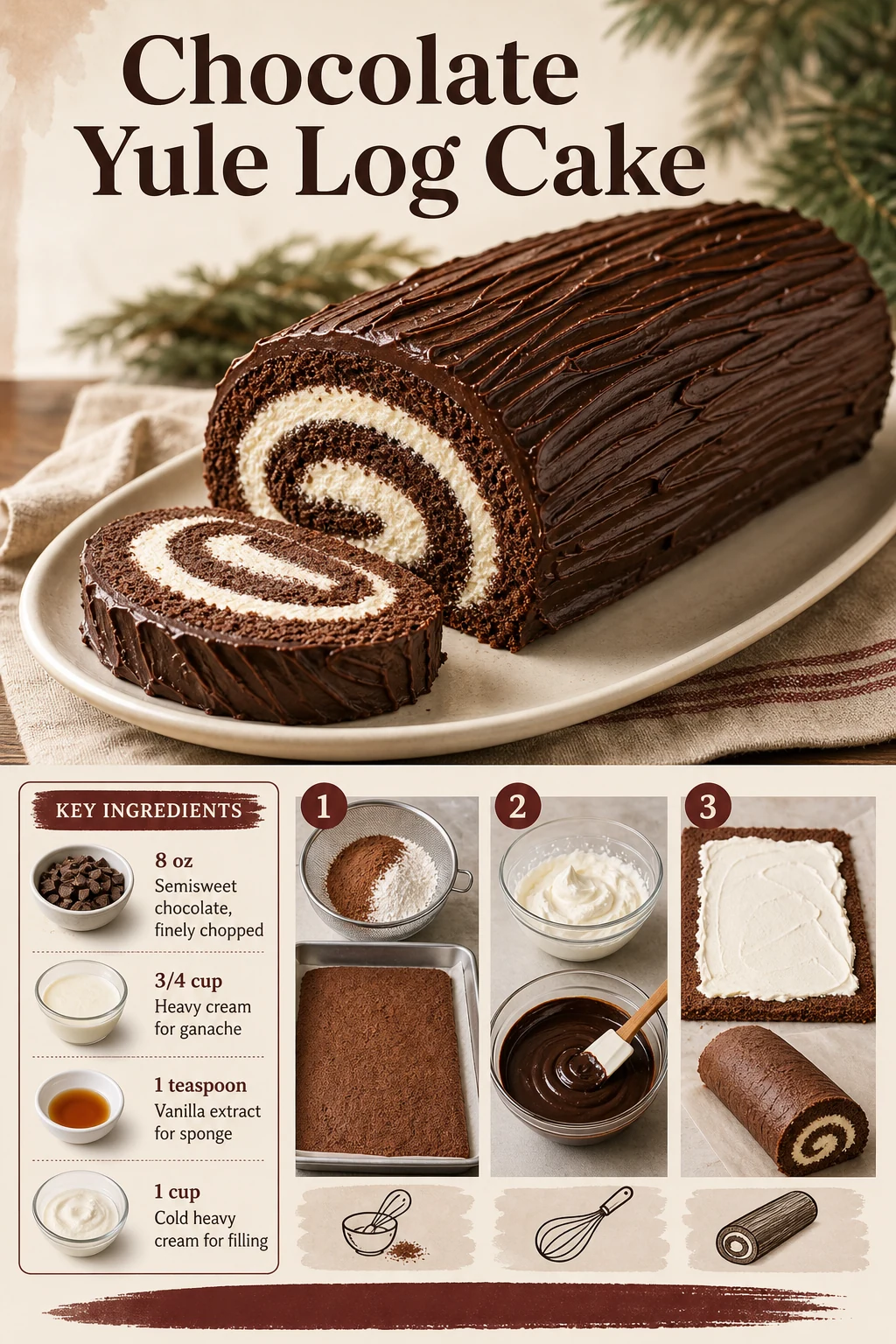 Portrait chocolate Yule log cake and cream-spiral slice graphic with exact title