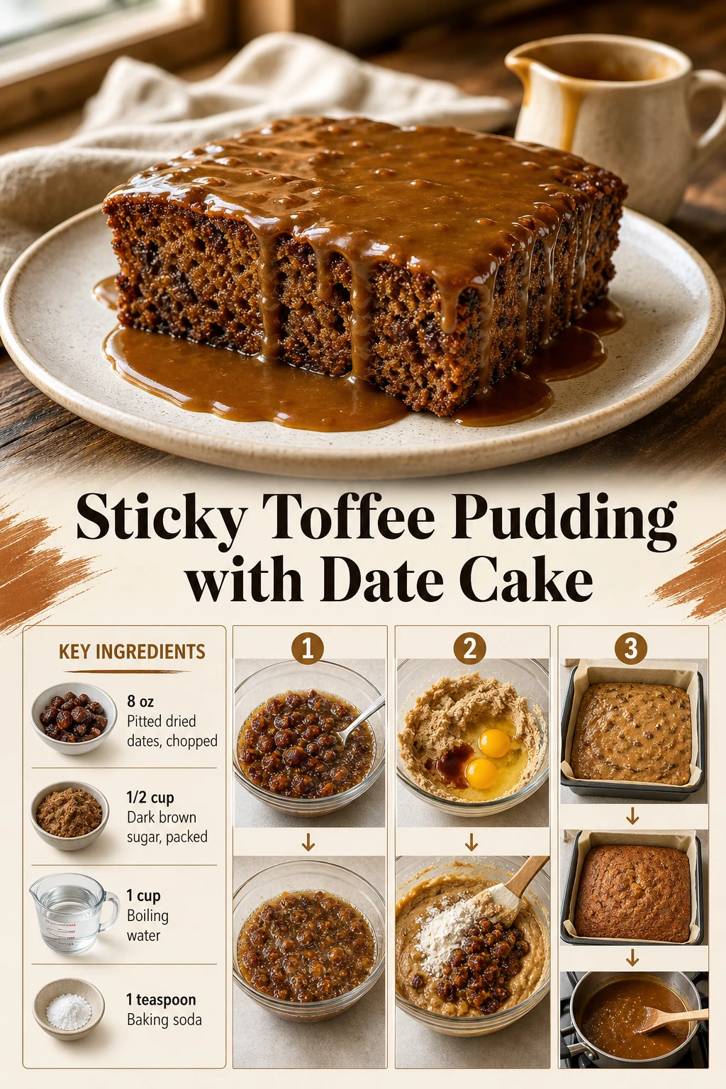 Portrait date-cake squares with toffee sauce and title