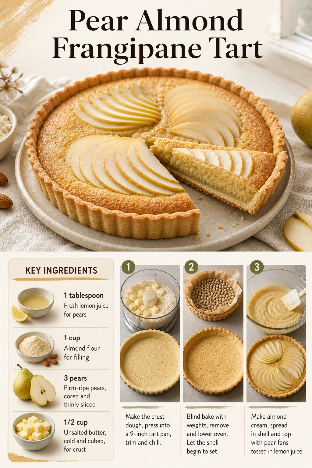 Portrait pear and almond tart with exact title