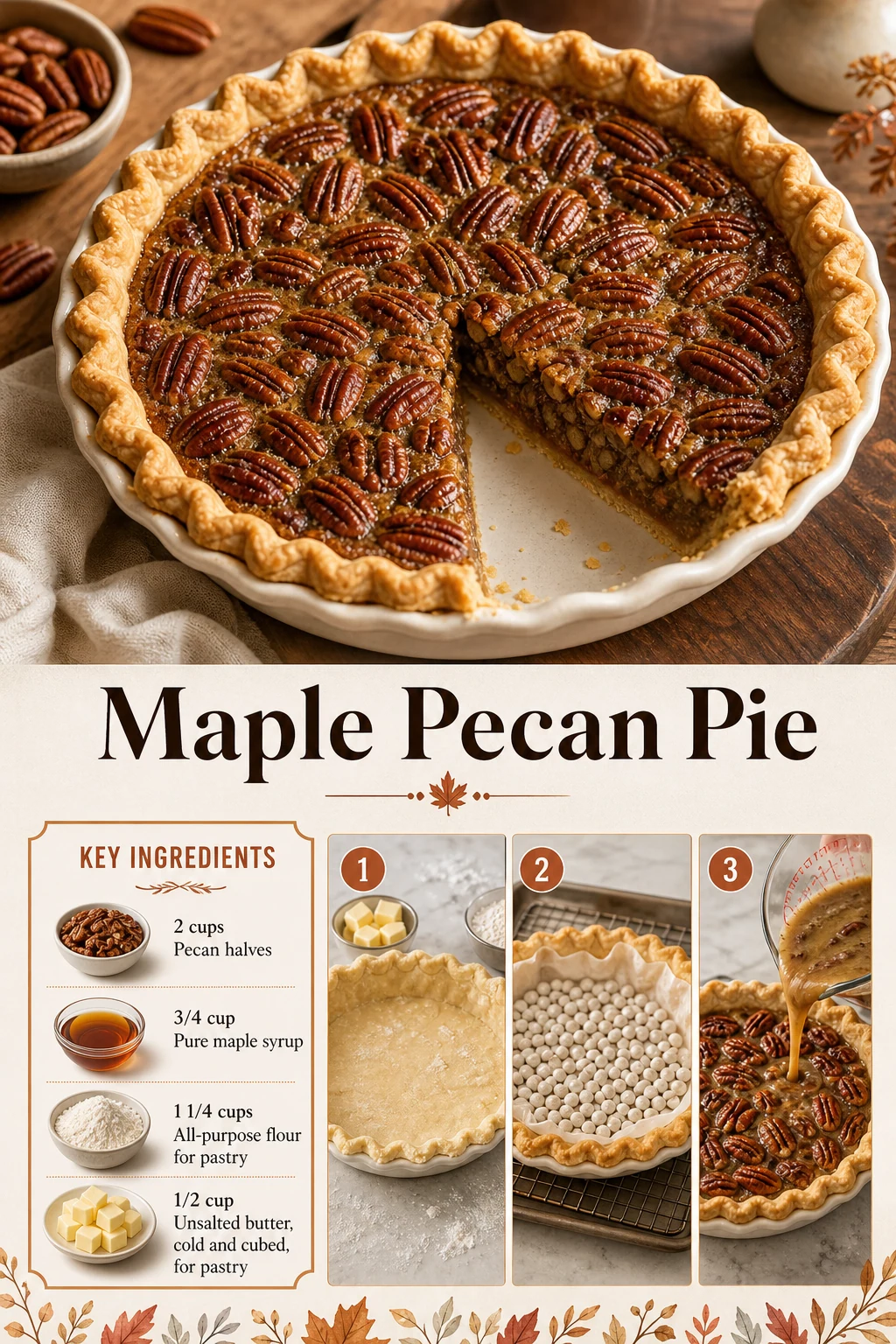 Portrait pecan pie top and sliced wedge with exact title