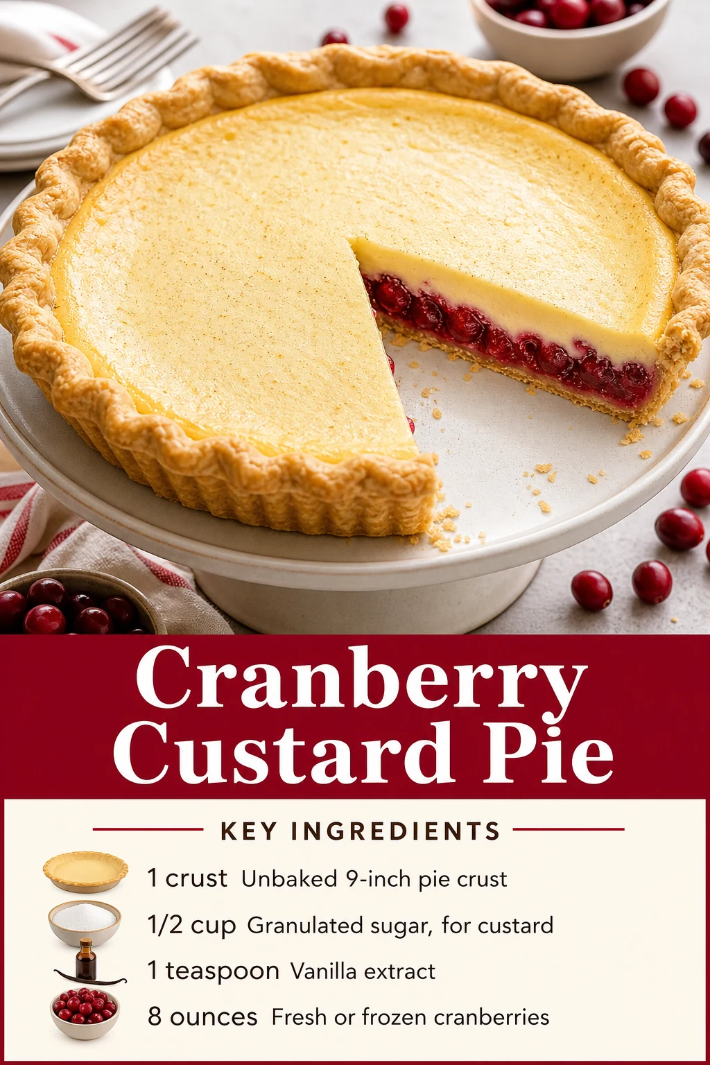Portrait cranberry custard pie graphic with a visible cranberry layer